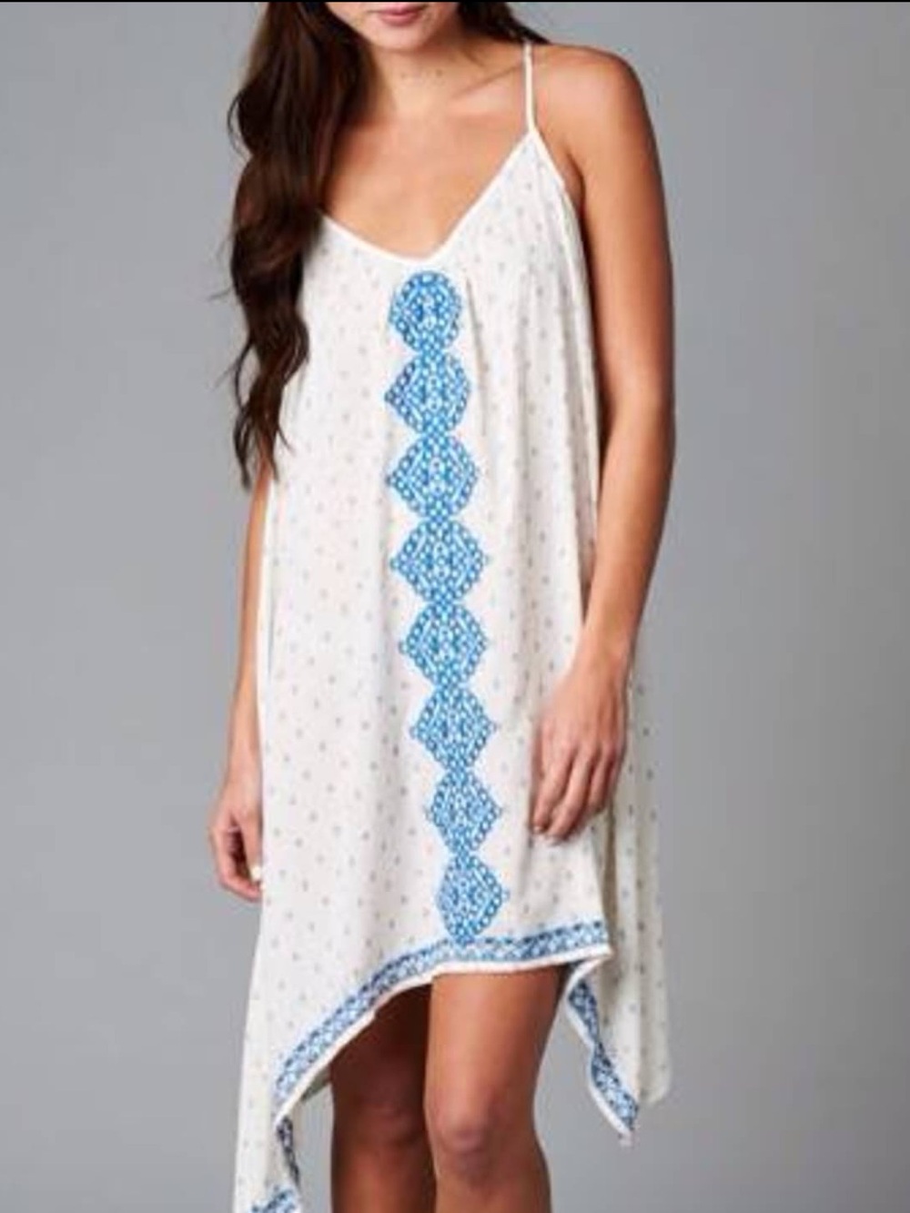 Lovestitch Hankerchief Hem Halter Dress with Blue Embroidery - Size M - NWOT